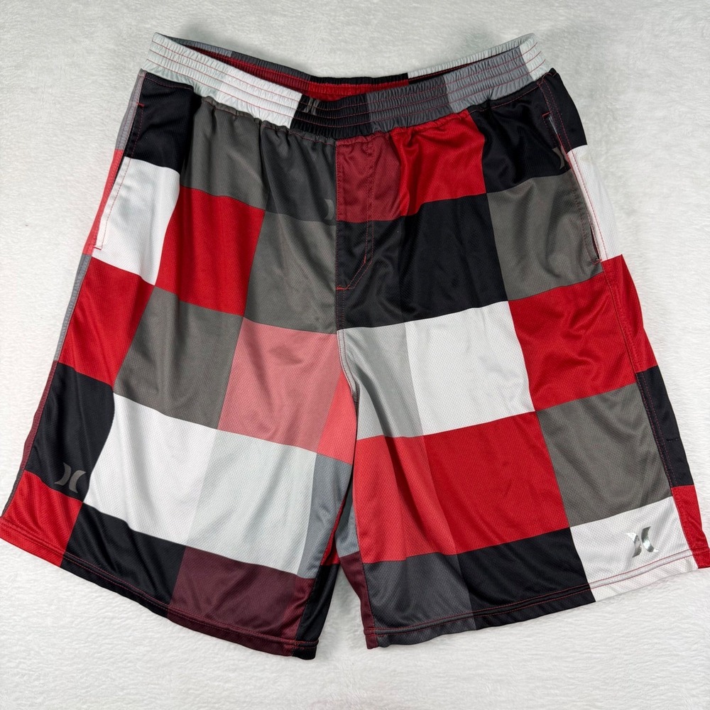 Hurley Mens Mesh Athletic Shorts XL Red Black White Colorblock Checker MW641KRD